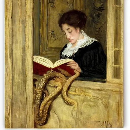 Image similar to woman reading, tentacles coming out of the book by alfred stevens