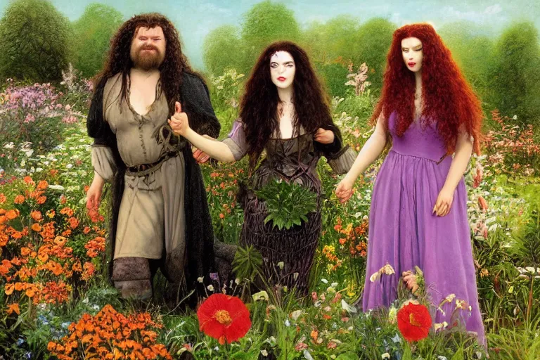 Image similar to hagrid the viking and morticia addams frolicking in a field of various flowers, fairy garden, masterpiece, highly detailed, oil on canvas, art by james gurney, graeme base, brian froud, alan lee