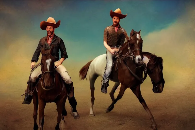 Image similar to multicolor 3d render of ryan gosling rides a horse by ray caesar created at contemporary in 4k ultra high resolution, with funny feeling