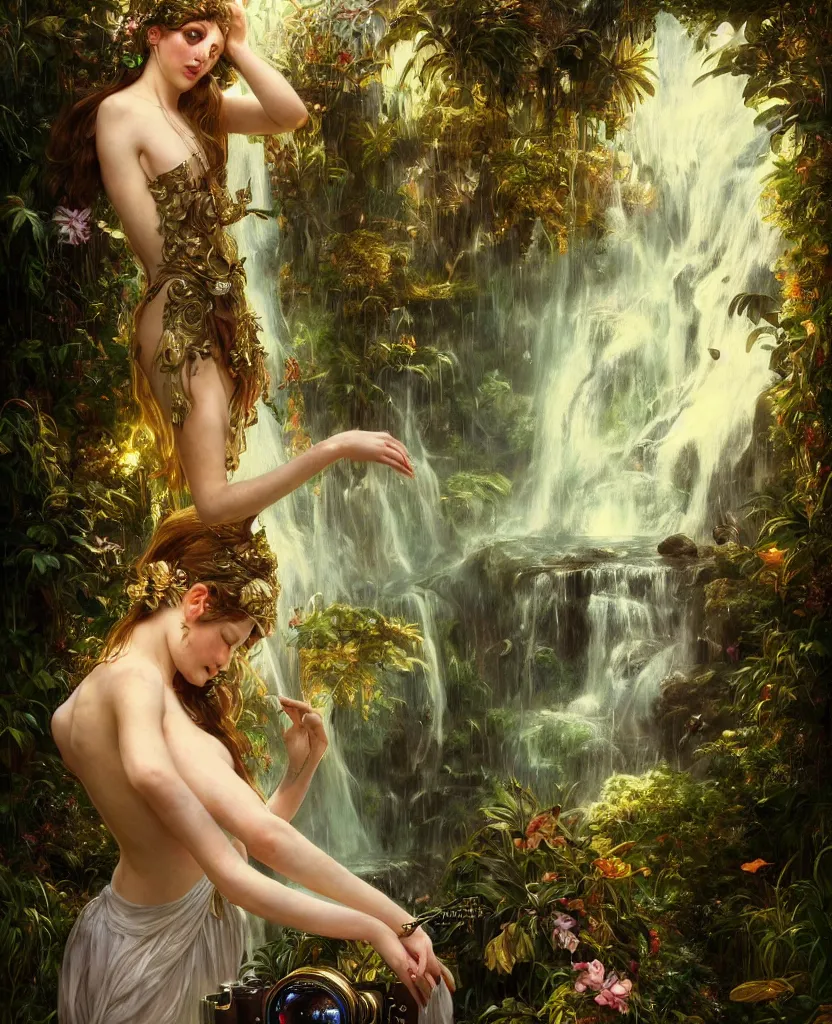 Image similar to hyper realistic photographer looking through a vintage medium format camera, magic pouring from lens, fantasy castle, full body waterfall dress, design on white background, beautiful details, lush foliage cyberpunk, gold, drawn by john singer sargent, tom bagshaw, norman rockwell, alphonso mucha, lolish, trending on artstation