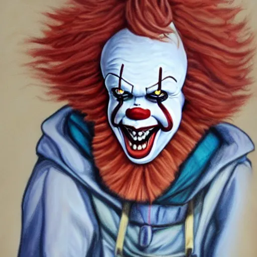 Image similar to Painting of dirty homeless Pennywise in scrappy clothing, by James Earley