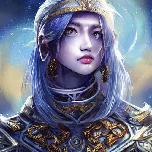 Image similar to portrait knights of Zodiac girl, white and metalic blue color reflected armor, in ruined Agora of Athens Moon night and firefly and star sparkles, ssci-fi, fantasy, intricate, very very beautiful, elegant, golden light, highly detailed, digital painting, artstation, concept art, smooth, sharp focus, illustration, art by tian zi and WLOP and alphonse mucha