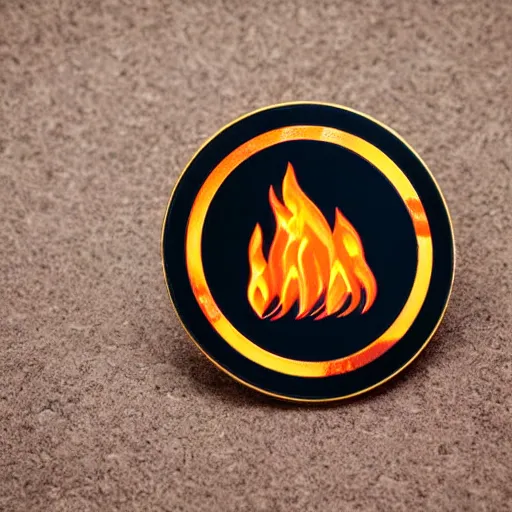 Image similar to an award - winning photograph of retro minimalistic clean fire flames warning label enamel pin, beautiful cinematic light, behance