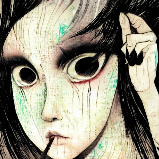 Image similar to yoshitaka amano blurred and dreamy realistic illustration of a woman with black eyes and white hair wearing dress suit with tie, junji ito abstract patterns in the background, satoshi kon anime, noisy film grain effect, highly detailed, renaissance oil painting, weird portrait angle, blurred lost edges, three quarter view