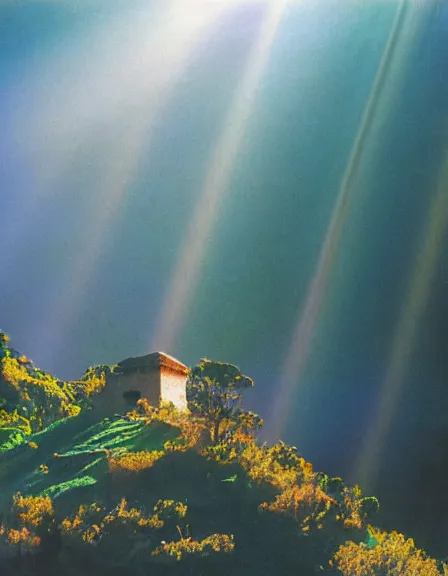 Image similar to vintage color photo of light rays shinning through a hidden temple in Cordillera De Los Andes, 8k definition
