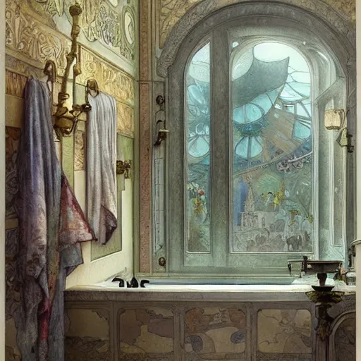 Prompt: a beautifull intricate watercolour painting of a bathroom, reflexions, verry high details by william turner art, greg rutkowski and alphonse mucha, trending on artstation, very very detailed, masterpiece, muted colors