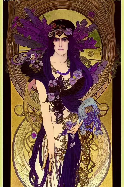 Prompt: thanatos, beautiful male god of death, closed eyes, long hair, wearing ornate silk and lace clothes, gold jewelry, moon, purple feathers, by Alphonse Mucha, rule of thirds, super detailed, 8k