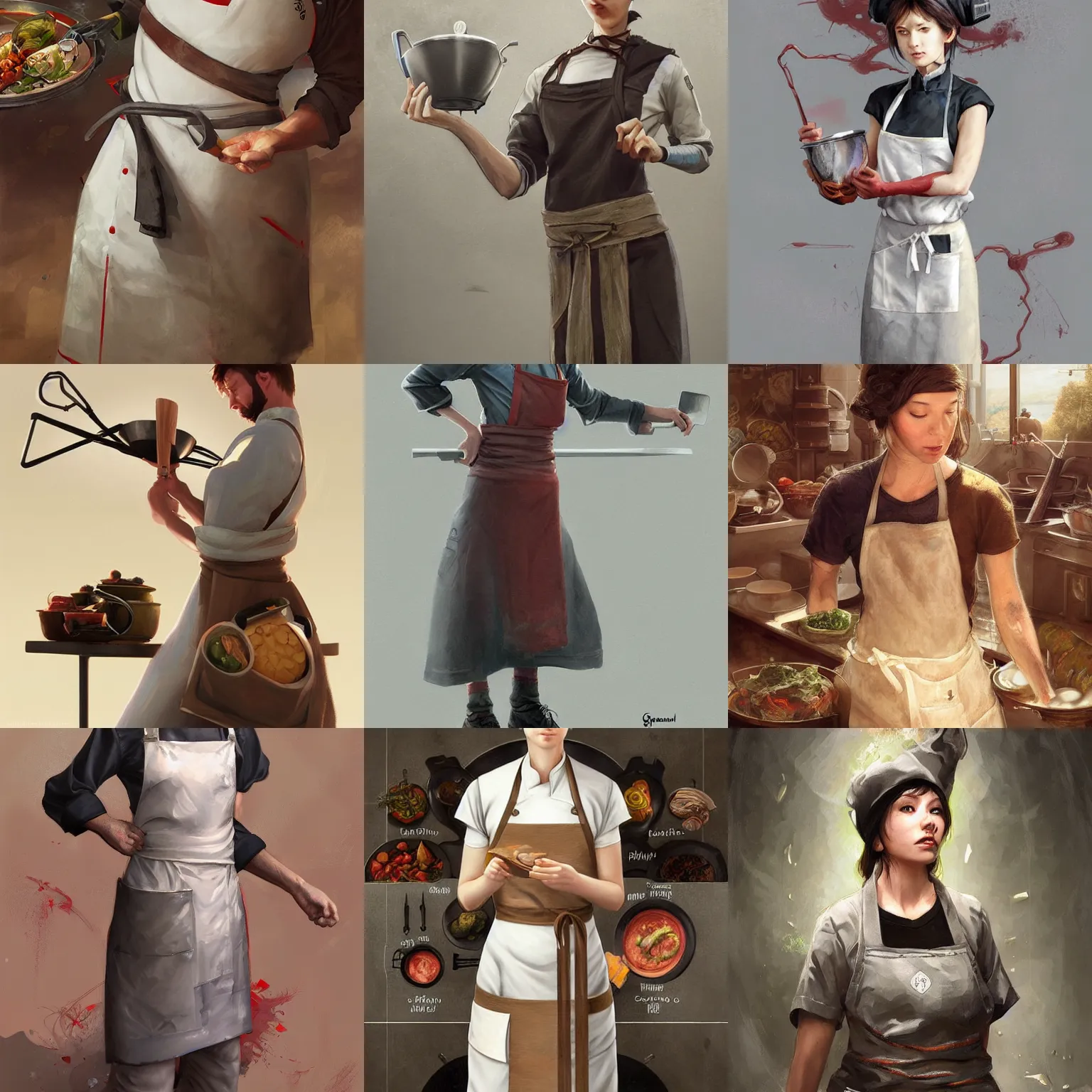 Prompt: chef's multilayer apron with many cooking accessories, half - life style, highly detailed, digital painting, artstation, concept art, smooth, sharp focus, illustration, artstation, art by giger and greg rutkowski and hikari shimoda and edmund blair leighton and charlie bowater