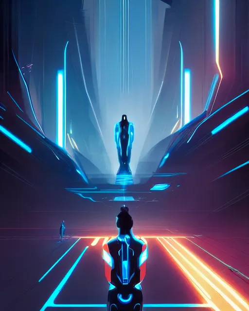 Image similar to tron legacy jesus, concept art, intricate, hyper detailed, smooth, sharp focus, illustration. artstation, greg rutkowski, james gurney, alphonse mucha