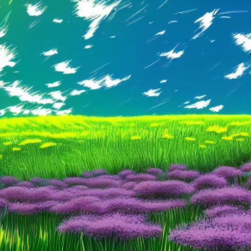 Image similar to A wide-up shot of a sea of withe dandelions with green wind blowing, anime style, Studio Ghibli style, cel shading, 4k, artistic and detailed,