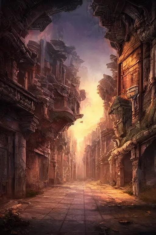 Image similar to beautiful matte painting street art fantasy ruins skyline background painted, intricate, volumetric lighting, beautiful, rich deep colors masterpiece, sharp focus, ultra detailed by