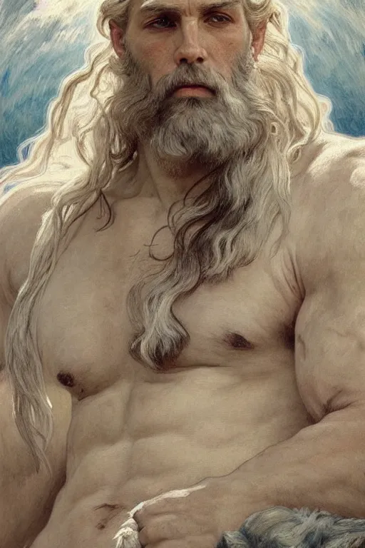 Image similar to painted portrait of rugged zeus, god of thunder, greek god, white hair, masculine, powerful, handsome, opulent, upper body, white robe, muscular, hairy torso, fantasy, intricate, elegant, highly detailed, digital painting, artstation, concept art, smooth, sharp focus, illustration, art by gaston bussiere and alphonse mucha