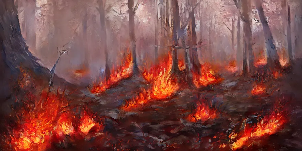 Image similar to a flaming forest, flaming leaves, magma, flame stones are scattered, flame ferns, flame shrubs, huge flame fantasy plant, covered in flame porcelain vine, artstation, by jakub rozalski, greg rutkowski, anthony avon