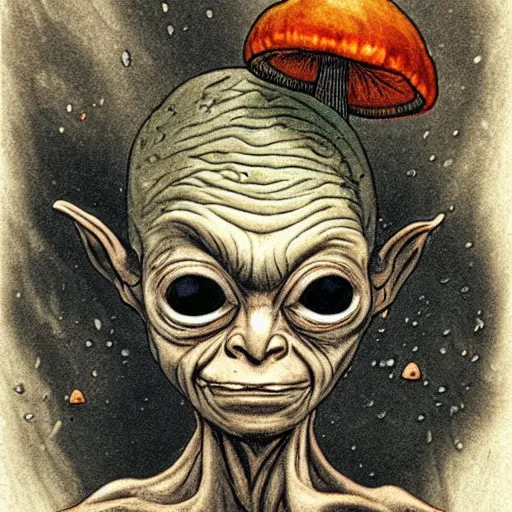 Image similar to Gollum with spores on head , mushrooms