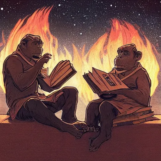 Image similar to [two monkeys throwing books in a bonfire, behind them space rockets are taking off. propaganda, closeup, D&D, intricate, elegant, highly detailed, digital painting, artstation, concept art, matte, sharp focus, illustration, art by Artgerm and Greg Rutkowski and Alphonse Mucha and Enki Bilal]