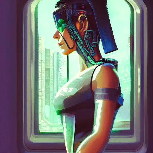 Image similar to portrait of cyberpunk woman looking out of a window, cyberpunk setting, futuristic, highly detailed, intricate lighting, digital painting, sharp focus, illustration, trending on artstation, art by tyler jacobson.