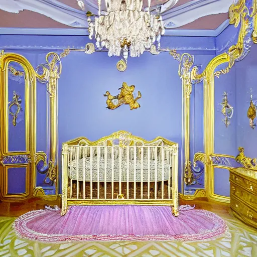 Prompt: !dream The scene is set in a grandiose nursery, with high ceilings and walls adorned with expensive paintings. The room is filled with the crying of obese babies, who are crawling and playing with toys. In the center of the room is a large, ornate crib, where an obese baby is sleeping peacefully. Nearby, a unfashionable maid is feeding another baby from a ornate bottle. The atmosphere is happy and festive. Photography.