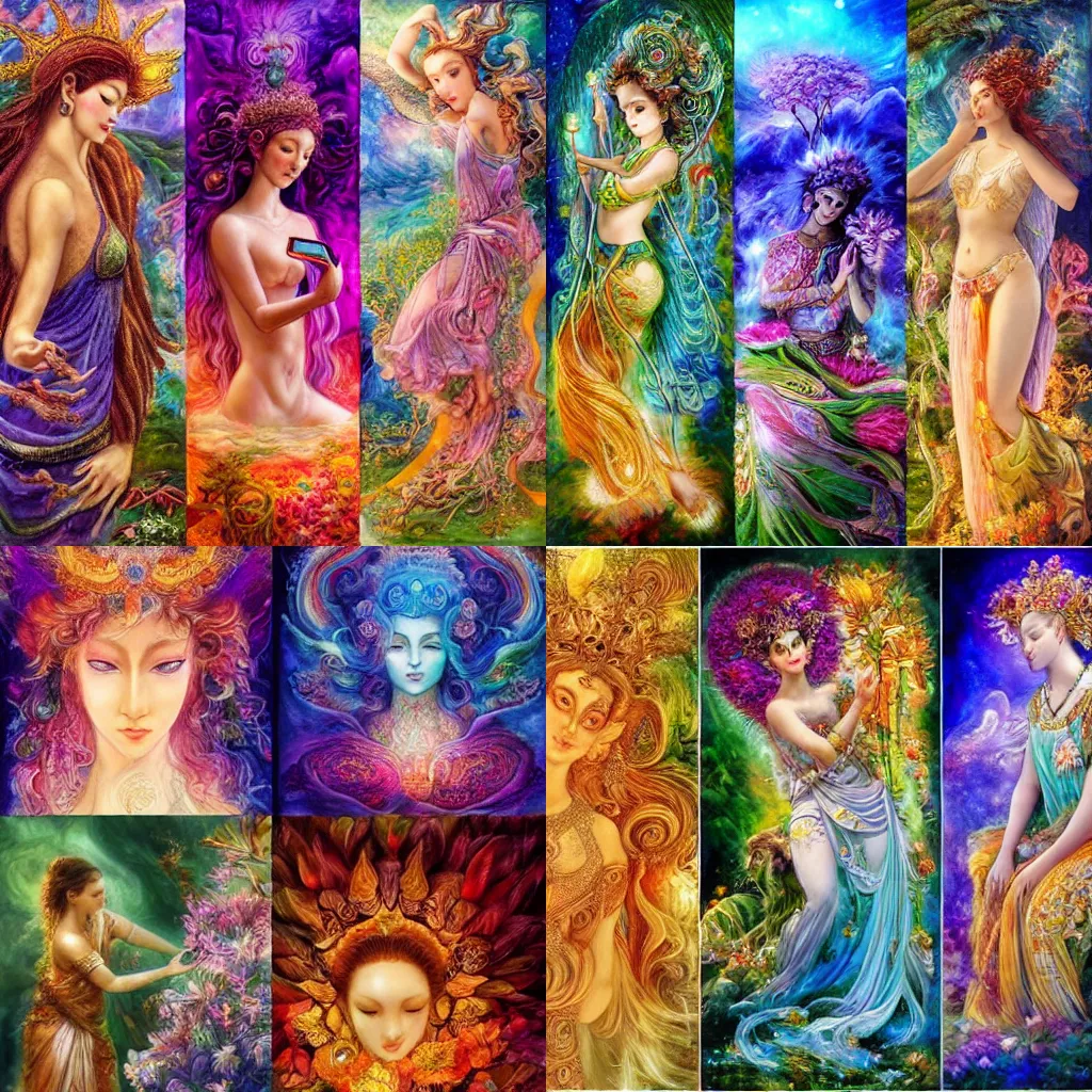 Prompt: goddess of nature checking her phone, magic realism, art by josephine wall, art by huang guangjian, viktoria gavrilenko, art by amanda sage ( ( ( ( ( ( ( ( ( ( triptych ) ) ) ) ) ) ) ) ) )