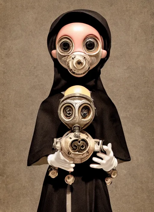 Image similar to closeup portrait of tin toy gothic nun wearing a gas mask, depth of field, zeiss lens, detailed, symmetrical, centered, fashion photoshoot, by nicoletta ceccoli, mark ryden, lostfish, earl nore, hyung tae, frank frazetta, breathtaking, 8 k resolution, extremely detailed, beautiful, establishing shot, artistic, hyperrealistic, octane render