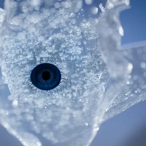 Prompt: a transparent sheet of intact frosted ice, with a refracted eye behind it, XF IQ4, f/1.4, ISO 200, 1/160s, 8K, RAW, unedited, symmetrical balance, in-frame
