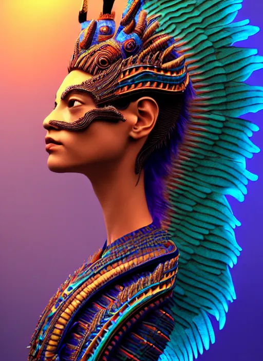 Image similar to 3 d goddess profile portrait. beautiful intricate highly detailed quetzalcoatl mask and feathers. ahuizotl, atotolin, bioluminescent, plasma, lava, ice, water, wind, creature, thunder clouds, artwork by tooth wu and wlop and beeple and greg rutkowski, 8 k trending on artstation,