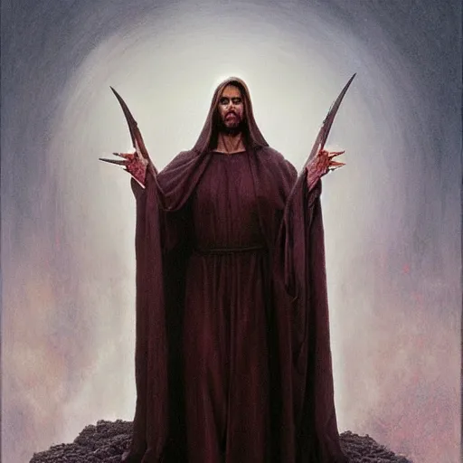 Image similar to portrait of Tom Cruise as demonic Jesus Christ in hood and crown of thorns, dark fantasy, Warhammer, artstation painted by Zdislav Beksinski and Wayne Barlowe