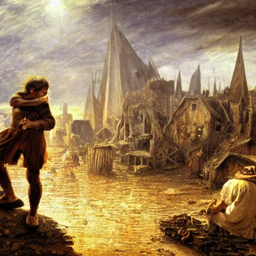 Image similar to jean francois millet as slum neighborhood on lord of the ring, random content position, human face details with, emotion, environment contents detail, incrinate, rgb color