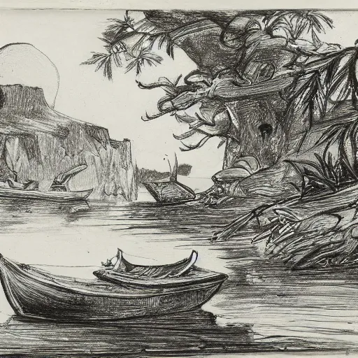 Image similar to landscape drawing with owls and boats, in the style of pauline baynes