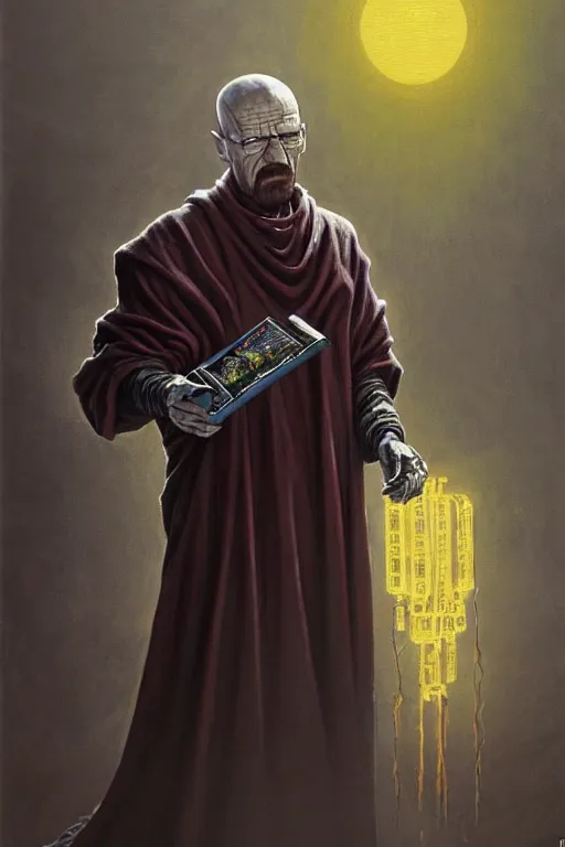 Image similar to painting of walter white as a cloaked tech priest holding a book, adeptus mechanicus!, cybernetic enhancements attached to his body, praise the omnissaiah, zdzislaw beksinski, lewis jones, mattias adolfsson, warhammer 4 0 k!!, cold hue's, warm tone gradient background, concept art, digital painting