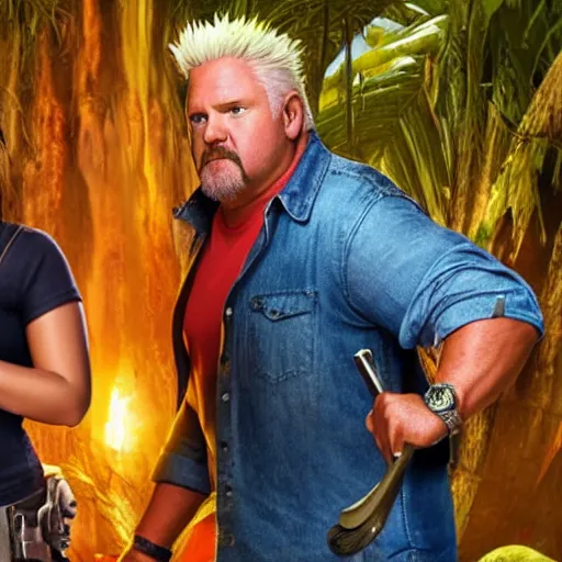 Image similar to still from the movie with Dora the Explorer (played by Lara Croft) and Guy Fieri (played by Anthony Hopkins), award-winning cinematography, 4k