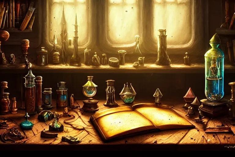 Prompt: cluttered, wood table, spell book, wizards laboratory, tony sart, window, mortar, pestle, glowing powder, compass, alembic, wisps of light, beakers of colored liquid, greg rutkowski