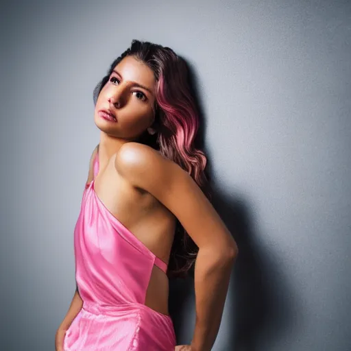 Prompt: photo of a gorgeous young Brazilian woman, wavy beautiful hair, pink camisole, dramatic lighting, artistic photo, award winning photo, ultra high definition, Zeiss 150mm f2.8 Hasselblad