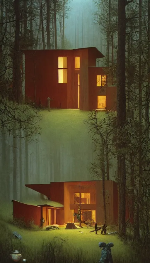 Image similar to cozy ultra modern home in the woods moody lighting, highly detailed, painting by zdzisław beksinski and norman rockwell and greg rutkowskiweta studio, and lucasfilm