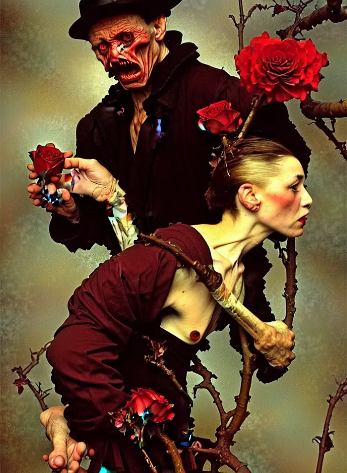 Prompt: A very ugly gangster stands on a liquid boiling red wax from which bones and branches stick out, many birds and roses fly around, a dark background, full height view, wide angle, epic, oil painting in a renaissance style , very detailed, painted by Caravaggio, Greg rutkowski Alphonse Mucha, Norman Rockwell, Tom Bagshaw.