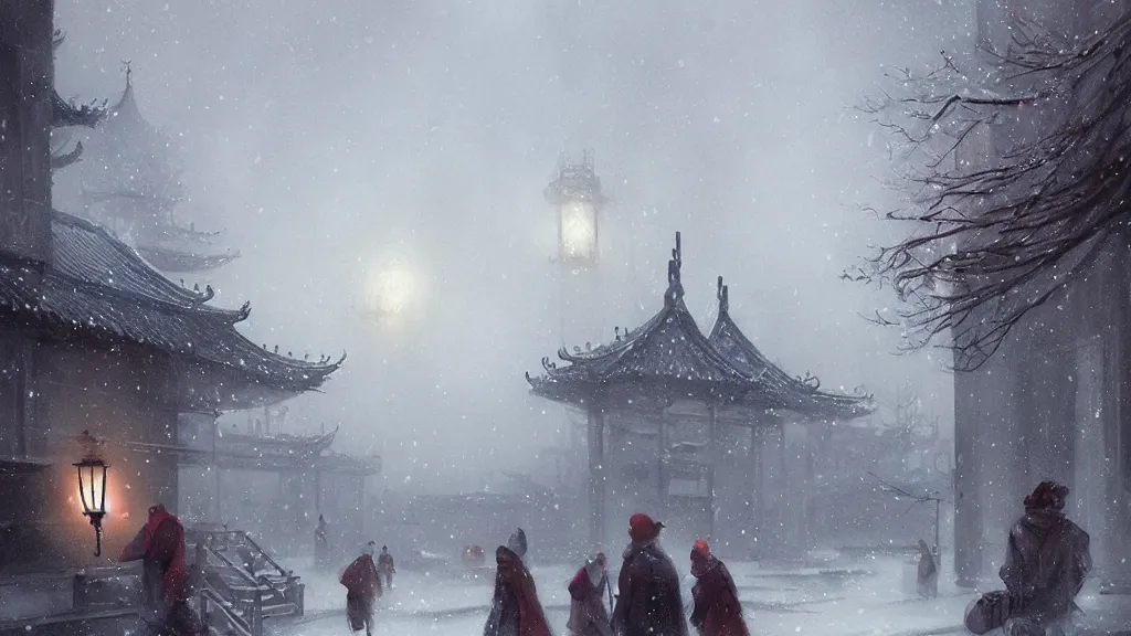 Image similar to winter in Peking ,by Charlie Bowater, by Greg Rutkowski