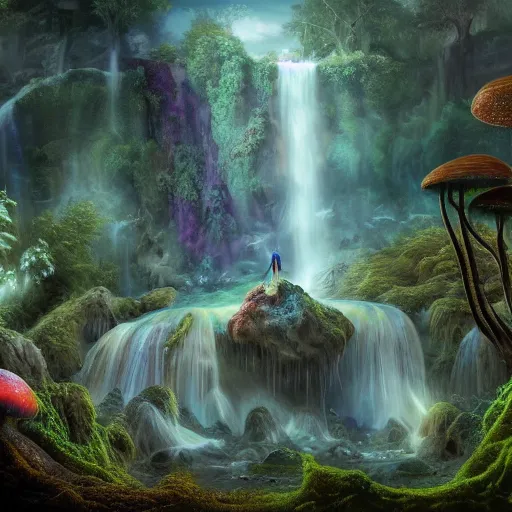 Image similar to tom bagshaw, soft painting render curiosities pond vegetation rocks gigantic mushrooms covered moss scintillating flying bioluminescent wisps, a beautiful waterfall rainbow wildlife, accurate features, focus, very intricate ultrafine details, random volumetric lighting, fog, award winning masterpiece, octane render 8 k hd, artstation