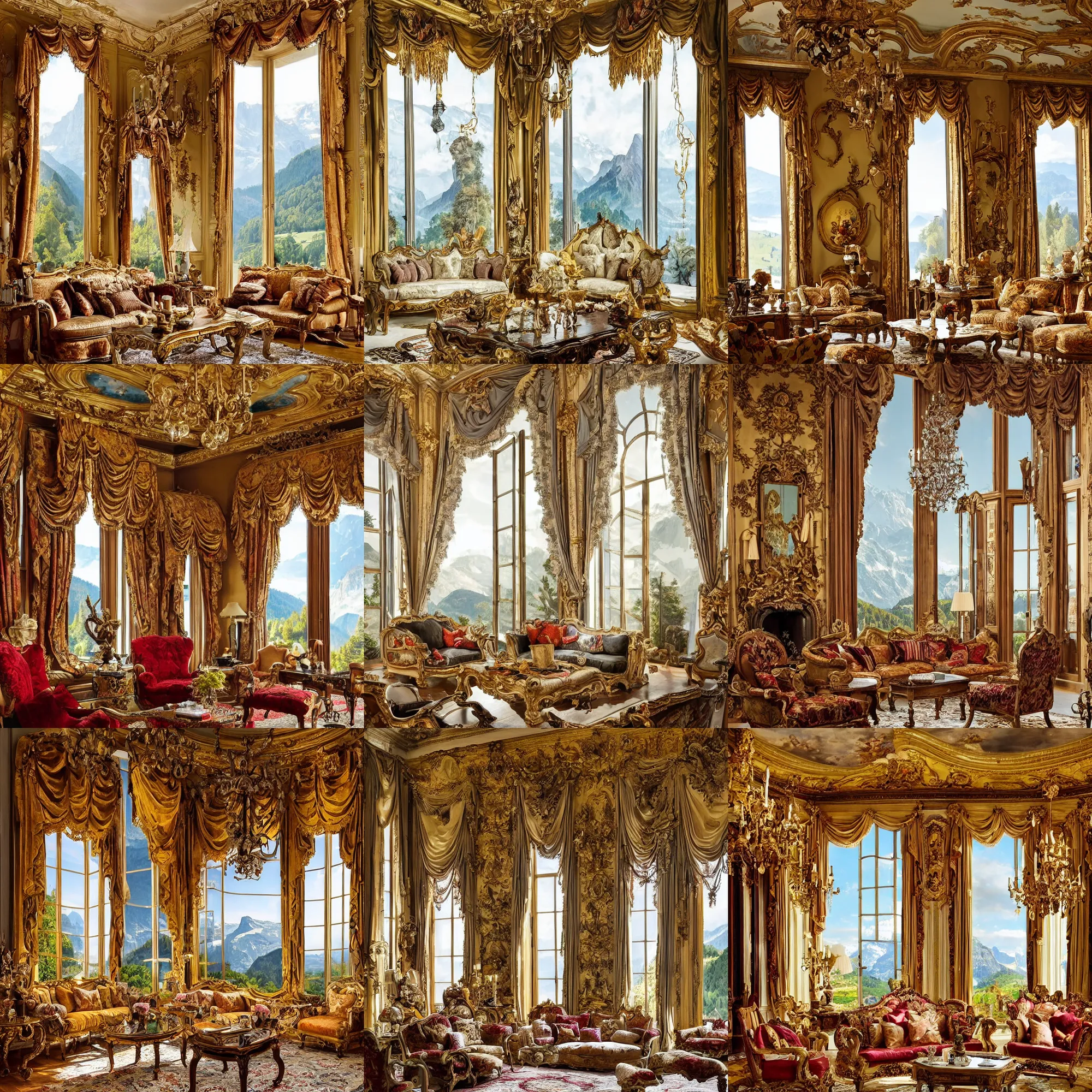 Image similar to photo of a fantastical baroque living room with switzerland landscape in the window in the style of maximalism