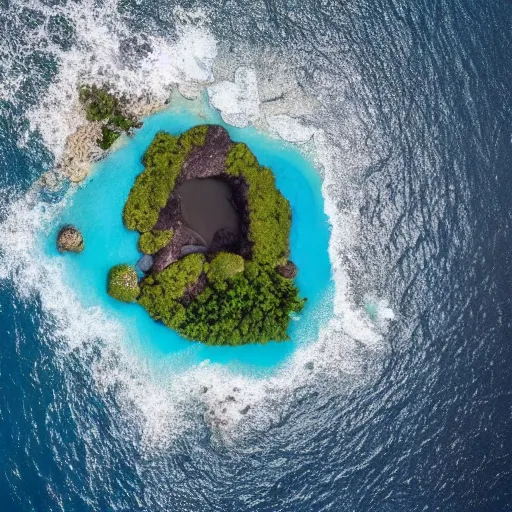 Prompt: a picture an island with the shape of a dog face, view from a drone