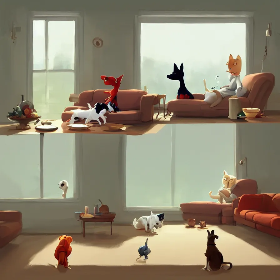 Prompt: Goro Fujita illustrating A dog on a sofa staring at the food dish under the window in the living room, art by Goro Fujita, sharp focus, highly detailed, ArtStation