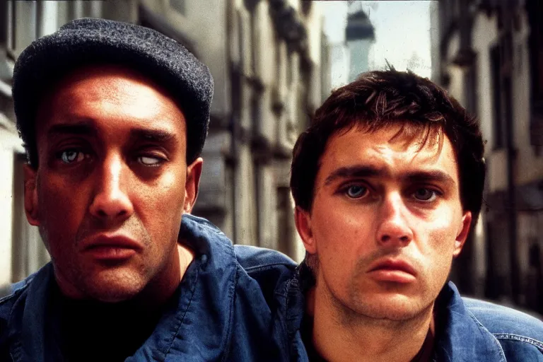 Prompt: close view headshot portrait of a pair knacker, tall and small, posing on a street, a thoughtful look, in gangsta comedy of 1990s, movie shot