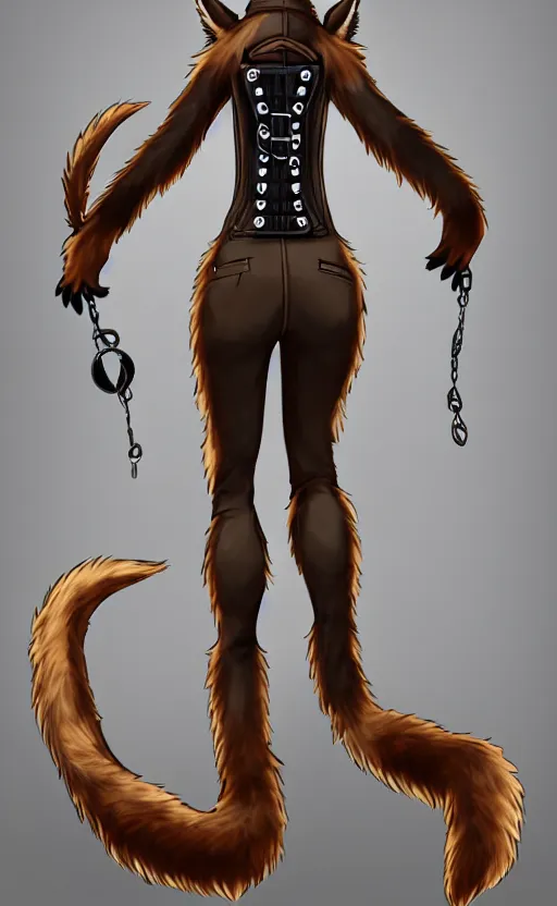 Image similar to the full body of anthropomorphic lynx fursona from behind wearing a steampunk suit