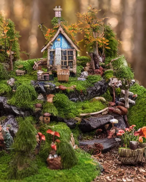 Image similar to high quality presentation photo of a detailed miniature diorama of a fairy tale forest in the style of Nicoletta Ceccoli, photography 4k, f1.8 anamorphic, bokeh, 4k, Canon, Nikon