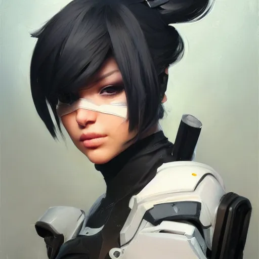 Image similar to greg manchess portrait painting of a 2 yorha type a no. 2 as overwatch character, medium shot, asymmetrical, profile picture, organic painting, sunny day, matte painting, bold shapes, hard edges, street art, trending on artstation, by huang guangjian and gil elvgren and sachin teng