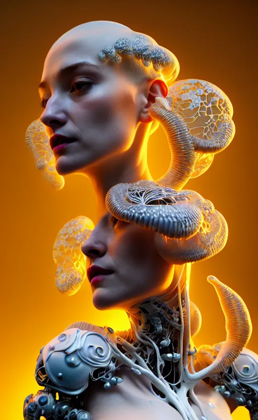 Image similar to intricate hyper detailed ultra sharp 3 d render of a beautiful smooth translucent porcelain seductive cyborg woman portrait, medium shot portrait, bright light, alexandre ferra mecha, haute couture cyberpunk art nouveau huge white fractal mycelum and fungi magnolia goliath head ornaments, big embroidered leaves filigree sinuous roots, octane render, volumetric cinematic lighting, 8 k, vray tracing