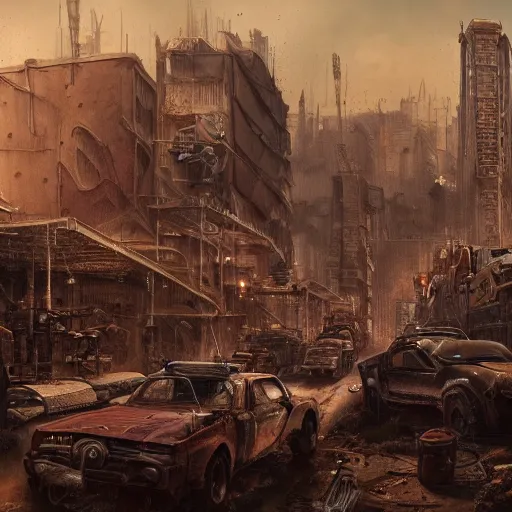 Image similar to highly detailed painting of postapo steampunk rusty city in the middle of wasteland in Mad Max style by Daniel Dociu and Greg Rutkowski trending on Artstation, 4K, high quality