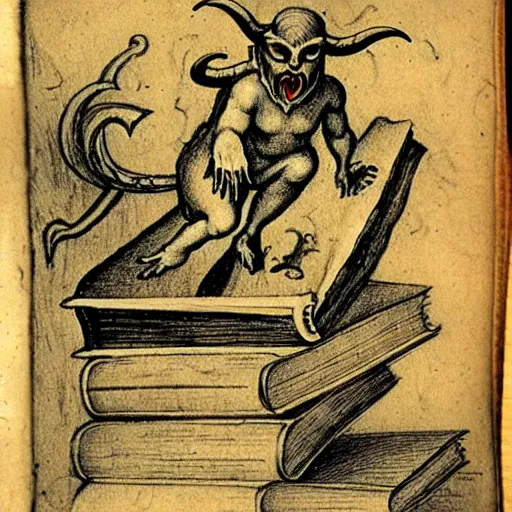 Image similar to a devilish spirits emerging from a book ontop of a computer, renaissance era sketch, satanic, ritual