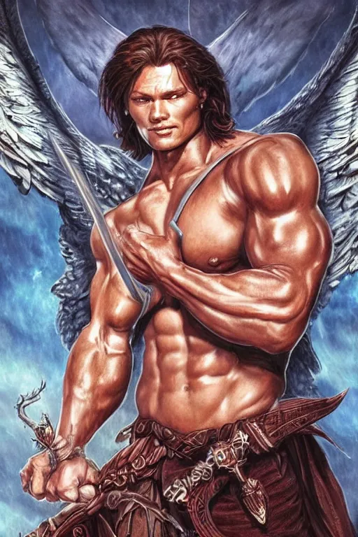 Image similar to muscular Sam Winchester as an angel with religious tattoos on chest and neck, with glowing runes on the body, romance book cover style, D&D dark fantasy style, sharp focus, ultra detailed, art by Artgerm and Peter Andrew Jones, Karol Bak, Ayami Kojima, Amano and Olivier Ledroit