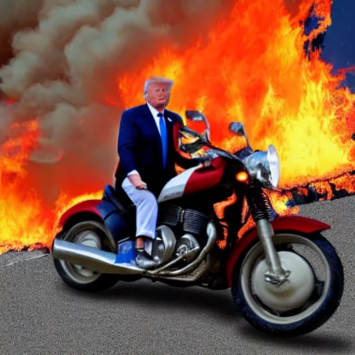 Image similar to Donald trump in a fire-y landscape, riding a motorbike without the helmet on