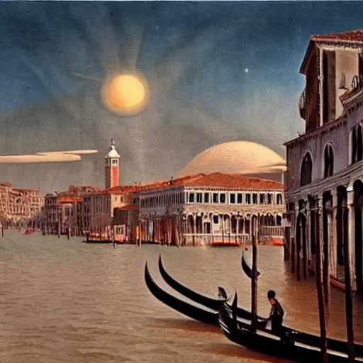 Image similar to Venice in 2075, futuristic, matte painting by Giorgio de Chirico and David A. Hardy