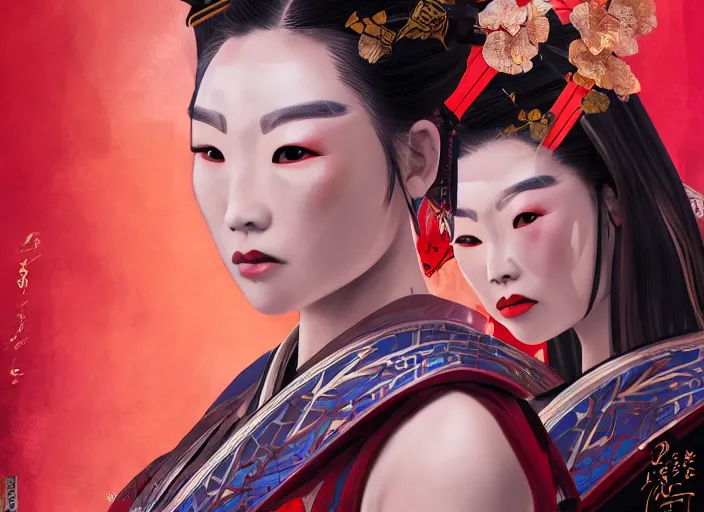 Prompt: jenny kim as geisha warrior concept art, symmetrical, rule of three, detailed body, detailed face, ultradetailed digital illustration, 8 k, epic atmosphere, digital art by dang my linh and simon cowell